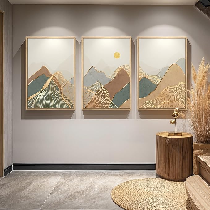 Framed Boho Mountain Wall Art for Living Room, 3 Piece Modern Minimalist Line Canvas Prints Artwork for Walls, Large Sun Nature Landscape Wall Art for Bedroom, Hallway Office Wall Decor, 24x36 Inch