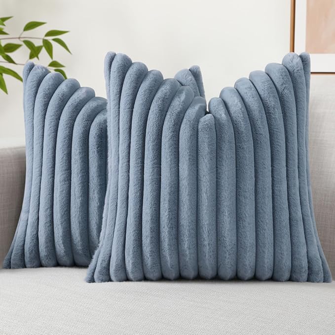 decorUhome Faux Fur Throw Pillow Covers 22x22 Set of 2, Decorative Soft Plush Striped Neutral Couch Euro Pillow Covers with Velvet Back for Sofa, Bed, Living Room Home Decor, Grey Blue