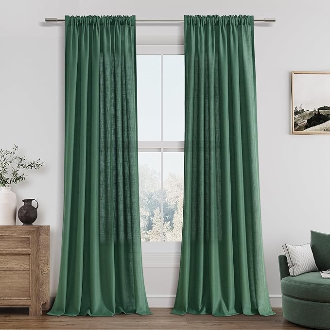 Guken Green Linen Curtains 96 Inch Length for Living Room Bedroom 2 Panels Set Rod Pocket Light Filtering Semi Sheer Window Curtains 52 Inch Width Boho Farmhouse Linen Drapes, W52xL96