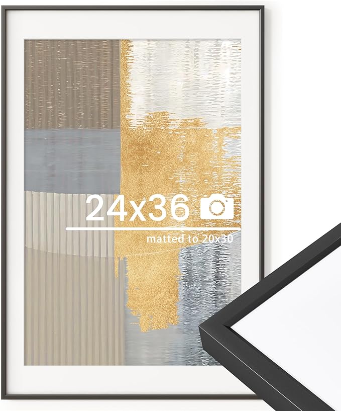 24x36 inch Metal Poster Frame - 24 x 36 Thin Aluminum Picture Frames Matted for 20x30 Photos, Artworks, Prints, Puzzle - High Definition Plexiglass - Vertical and Horizontal Display - Wall Hook Hanging Hardware Included - Black, Set of 1