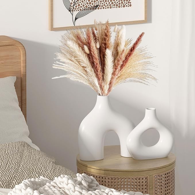 White Ceramic Vase Set of 2, Pampas Grass Vases for Home Decor, Hollow Round Boho Vases for Flowers, Nordic Minimalism Style vase for Living Room Bedroom Shelf Decor