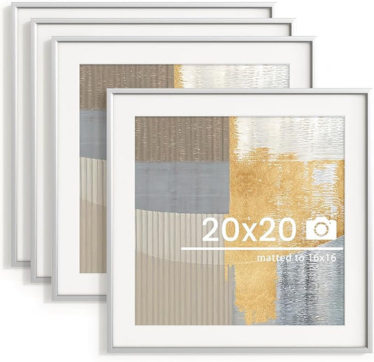 20x20 inch Metal Picture Frame - Thin Aluminum Square Photo Frames with 16x16 Removable Mat - High Definition Plexiglass - Vertical and Horizontal Display - Wall Hook Hanging Hardware Included - Silver, Set of 4