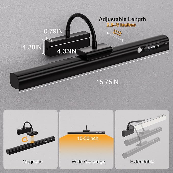 15.7'' Picture Lights for Wall with Motion Sensor, 9000mAh Rechargeable Battery Operated Poster Lights for Paintings, Portraits, Wall Decor, Black