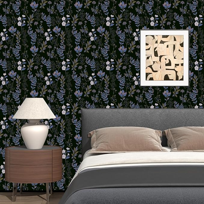 Black Blue Floral Wallpaper Peel and Stick Boho Blue Purple Leaf Contact Paper 17.4" X 118" Vintage Wallpaper Waterproof Self-Adhesive Dark Wall Covering for Bedroom Countertop Desk Cabinets