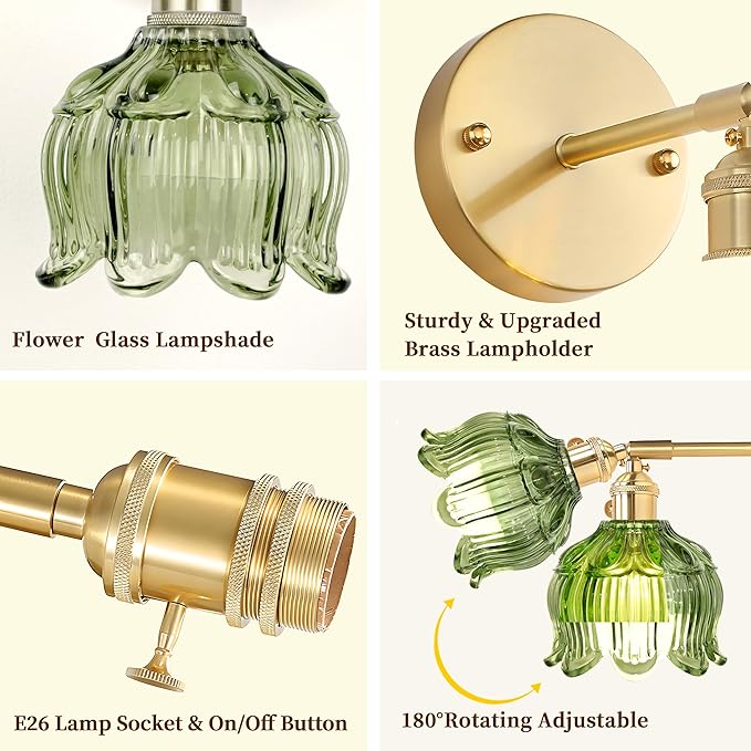 Vintage Battery Operated Wall Sconce with Remote Control,Wall Lamp with Flower lampshade,Rechargeable Battery Powered Wall Lights with 15 Colors for Beside Bedroom Living Room Doorway,Flower Green