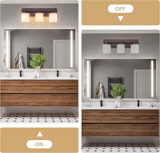 3 Light Modern Bathroom Light Fixtures Over Mirror, Bronze Finish Vanity Lights for Bathroom Wall Sconces with Milky White Glass Shades, E26 Socket (Bulbs Not Included)