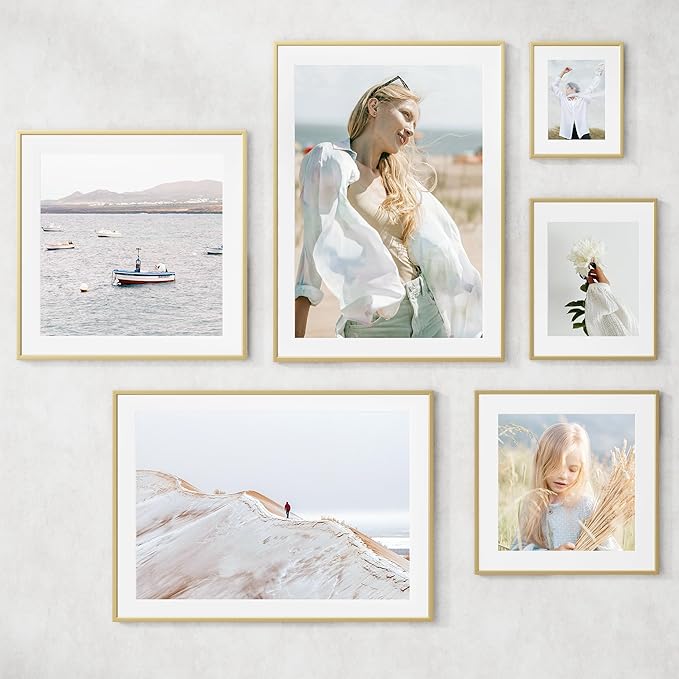 11x14 inch Metal Picture Frame - 11 x 14 Thin Aluminum Photo Frames with 8x10 Removable Mat - High Definition Plexiglass - Vertical and Horizontal Display - Wall Hook Hanging Hardware Included - Gold, Set of 4