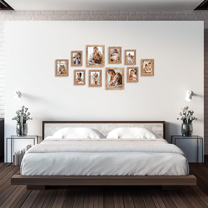 Collage Picture Frames Set of 10, Wall Decor for Mounting or Tabletop Display, Family Photo Gallery Frame Set - Multi Sizes Including Two 8x10, Four 5x7, Four 4x6, HD Glass, Rustic Wood