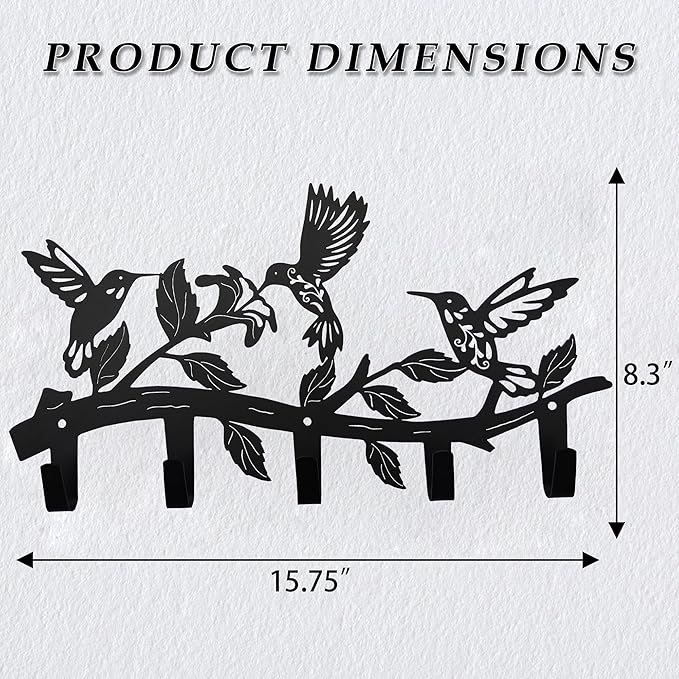 Metal Hummingbird Coat Hooks Wall Art Decor-Hummingbird Hangers and Key Holder-Animal Theme Hooks Sweet Home Decor for Storage, Living Room, Hallway, Office (Black)