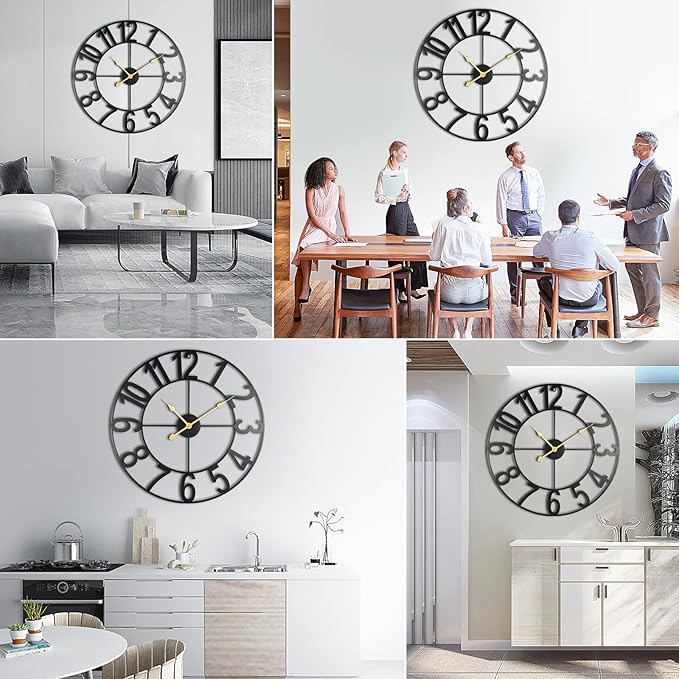 24-Inch Large Wall Clocks for Living Room Decor, Silent Non Ticking Wall Clocks Battery Operated, Decorative Analog Metal Indoor Wall Clock for Kitchen, Bedroom, Office Decor-Gold Hands
