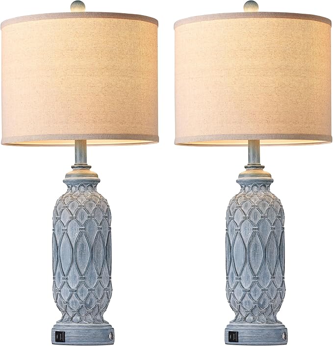 28" Living Room Lamps Set of 2, Farmhouse Lamps for Bedroom with USB A+C Charging Ports, Touch Lamps for Nightstand, 2 Bulbs Included