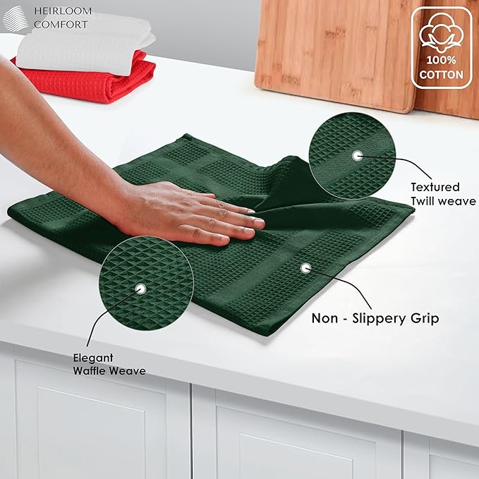 12 Pack Multi Color Waffle Weave Kitchen Towels, 16x26 Inch, 100% Cotton, Super Absorbent, Quick Dry, Hand Towels for Drying Dishes, Cleaning, Durable - Red, White, Forest Green