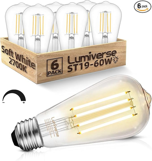 Lumiverse Edison Bulbs 60W Equivalent, Dimmable LED Light Bulbs, CRI 90+, Vintage E26 Lightbulbs, 2700K Warm White, ST19 ST58, 5.5W, Antique Clear Glass, 6 Pack