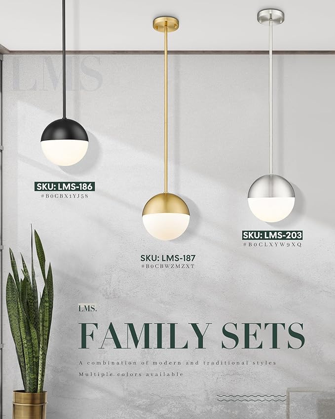 LMS 2 Pack Modern Pendant Lights, Mid Century Brushed Nickel Kitchen Lighting with White Globe Glass Shade, Adjustable Hanging Light Fixtures Ceiling Light for Home Office Dining Room, LMS-186BN2PK