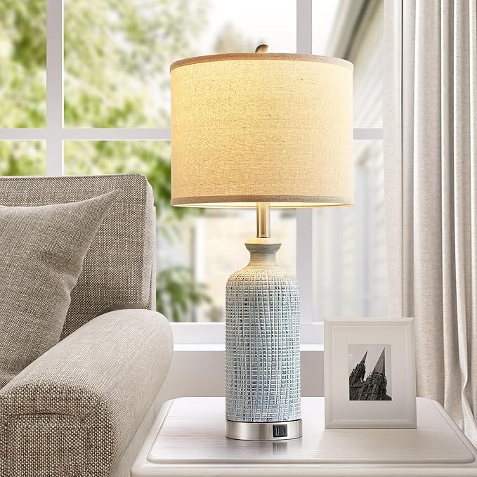 Living Room Lamps Set of 2, 27" Touch Lamps for Nightstand with USB A+C Ports, Modern Farmhouse Table Lamps for Bedroom, 2 Bulbs Included