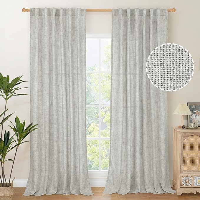 YoungsTex Light Grey Linen Curtains 90 Inch Long for Living Room Rod Pocket Floor Length Window Drapes Light Filtering for Bedroom Dining Privacy, 52 X 90 Inch, 2 Panels