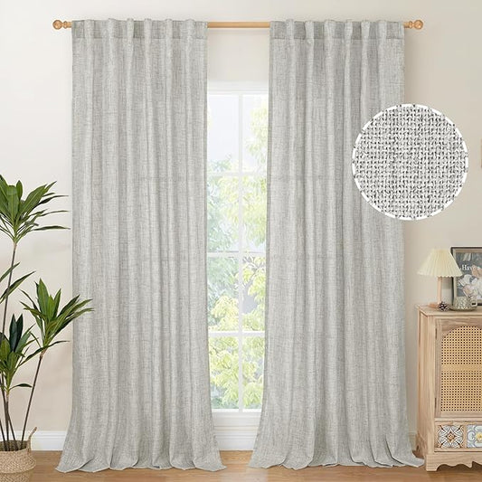 YoungsTex Light Grey Linen Curtains 90 Inch Long for Living Room Rod Pocket Floor Length Window Drapes Light Filtering for Bedroom Dining Privacy, 52 X 90 Inch, 2 Panels