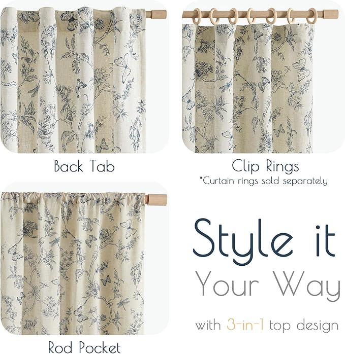 Lazzzy Linen Blue Floral Curtains 90 Inch Length Farmhouse Curtain Back Tab Drapes for Living Room Bedroom Light Filtering Vintage Rod Pocket Curtains, 2 Panels, Blue on Beige