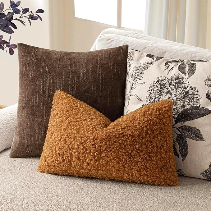 Foindtower Set of 2 Curly Teddy Wool Pillow Covers Decorative Boucle Textured Lumbar Throw Pillow Faux Fur Sherpa Pillowcases Sheepskin Fuzzy Cushion Case for Sofa Bedroom Car 12"x20" Orange