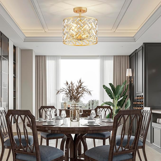 Shrine Lighting Crystal Ceiling Light, Gold Crystal Chandelier for Living Room, D12'' x H11.2'', E12*3 Sockets, Ctystal Lampshade & Gold Finish Frame