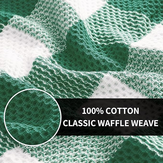Homaxy 100% Cotton Waffle Weave Check Plaid Kitchen Towels, 13 x 28 Inches, Super Soft and Absorbent Dish Towels for Drying Dishes, 4-Pack, White & Dark Green