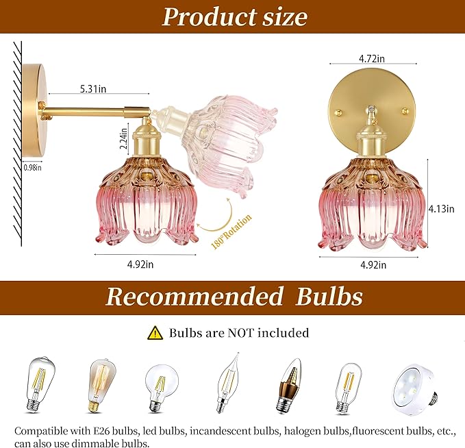 Battery Operated Wall Sconce with Remote Control,Vintage Wall Sconce with Flower lampshade and Timer,Rechargeable Battery Wall lamp Wall Lights with 15 Colors for Bedroom Living Room Doorway,Pink