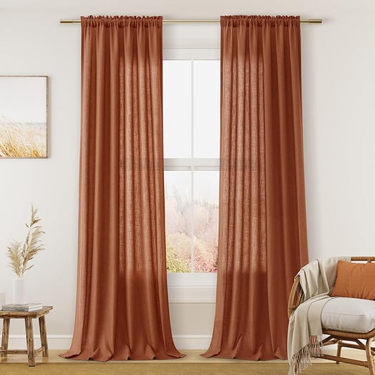 Guken Terracotta Linen Curtains 96 Inch Length for Living Room Bedroom 2 Panels Set Rod Pocket Light Filtering Semi Sheer Window Curtains 52 Inch Width Boho Farmhouse Linen Drapes, W52xL96