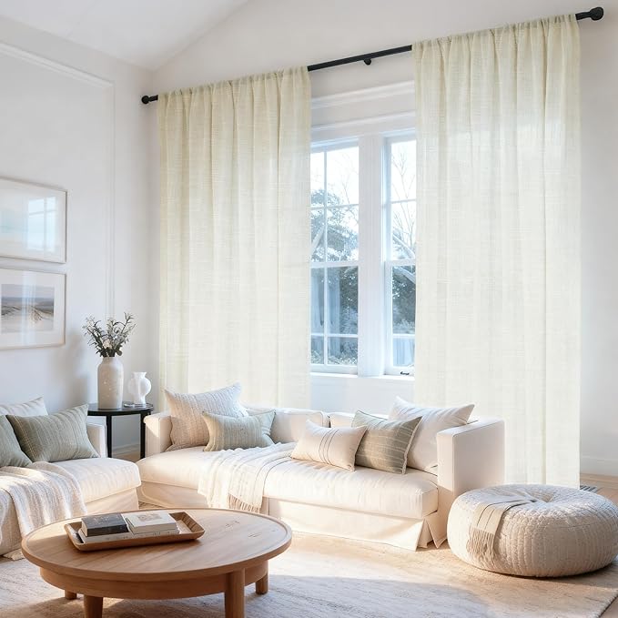 HESTIA White Linen Curtains for Living Room 96 Inch Length 2 Panels Rod Pocket Back Tab Drape Light Filtering Neutral Country Rustic Farmhouse Boho Bedroom Curtain (96" L x 42" W)