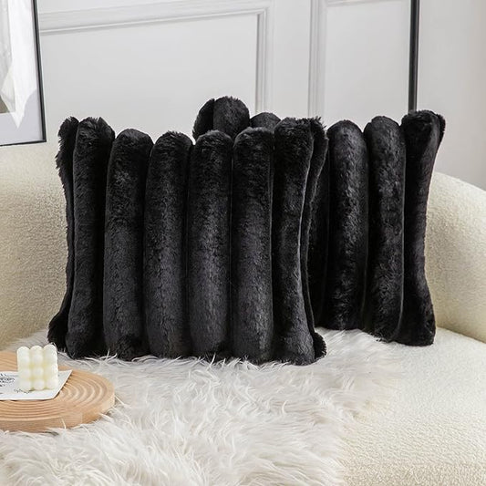 Neelvin Black Faux Fur Cozy Soft Striped Decorative Throw Pillow Covers 20x20 inch Set of 2,Velvet Pillowcase Cushion Case for Sofa Couch