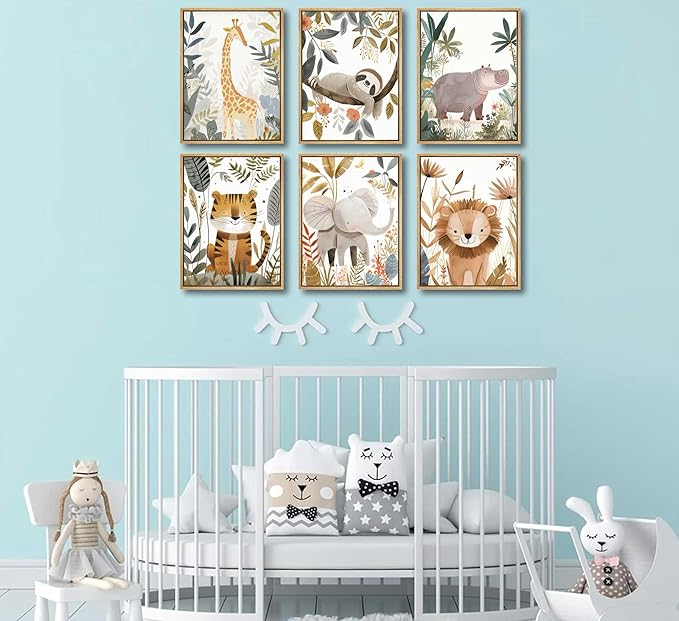6Pcs Boho Baby Animals Wall Art Jungle Safari Canvas Paintings Cute Giraffe Elephant Lion Wall Decor Prints Inspirational Forest Animals Posters Pictures for Nursery kids Boys Bedroom Unframed