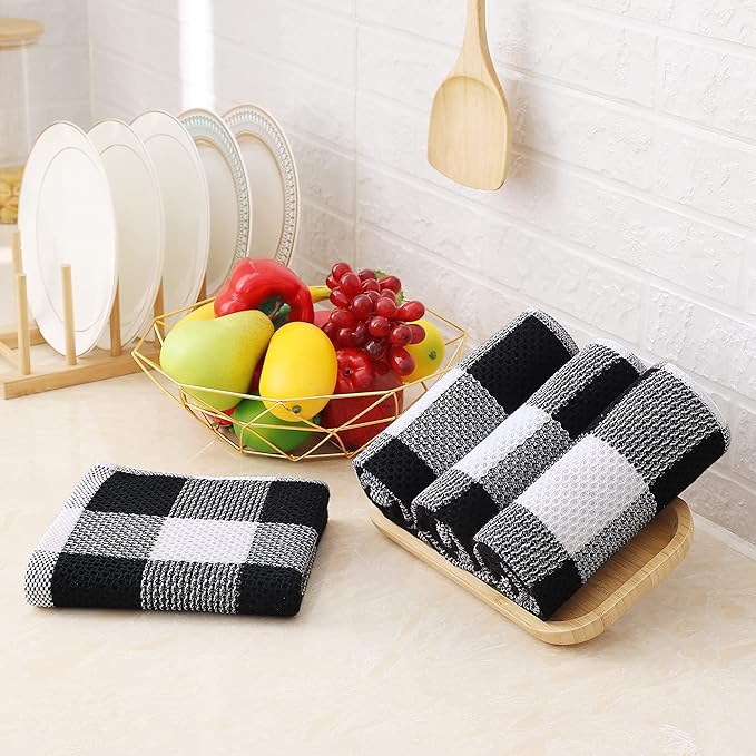 Homaxy 100% Cotton Waffle Weave Check Plaid Kitchen Towels, 13 x 28 Inches, Super Soft and Absorbent Dish Towels for Drying Dishes, 6-Pack, White & Black