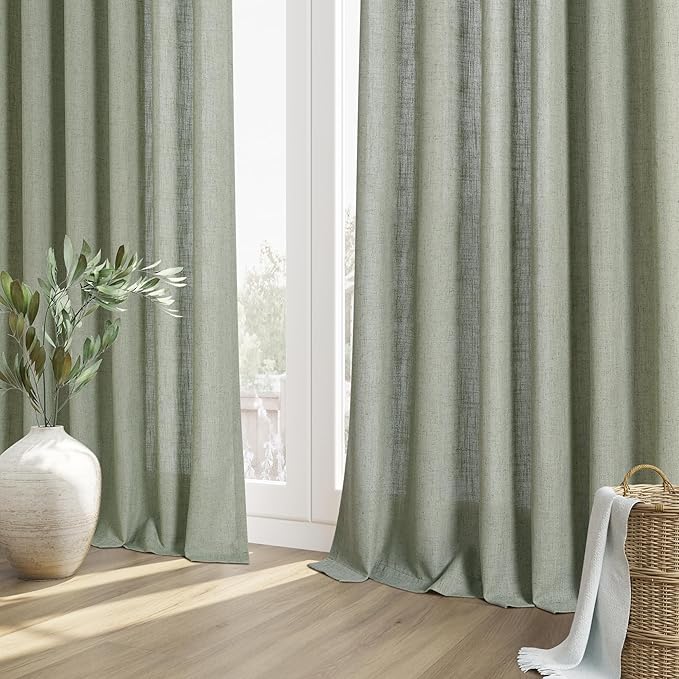 Guken Sage Green Linen Curtains 120 Inch Length for Living Room Bedroom 2 Panels Set Rod Pocket Light Filtering Semi Sheer Window Curtains 52 Inch Width Boho Farmhouse Linen Drapes, W52xL120