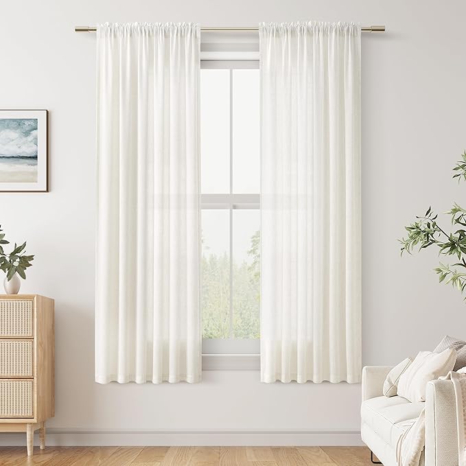Guken Natural Linen Curtains 63 Inch Length for Living Room Bedroom 2 Panels Set Rod Pocket Light Filtering Semi Sheer Window Curtains 52 Inch Width Boho Farmhouse Linen Drapes Cream Ivory, W52xL63