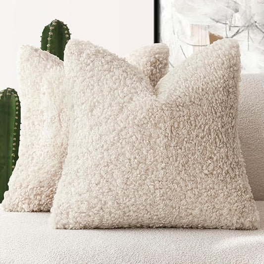 Foindtower 2 Pieces 16x16 Inch Neutral Cream, Faux Fur Throw Pillow Cover Accent Sherpa Pillow Fuzzy Soft Pillowcases Sheepskin Decorative Fleece Cushion Case for Bed Couch Living Room