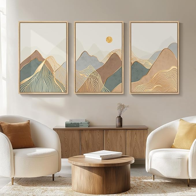 Framed Boho Mountain Wall Art for Living Room, 3 Piece Modern Minimalist Line Canvas Prints Artwork for Walls, Large Sun Nature Landscape Wall Art for Bedroom, Hallway Office Wall Decor, 24x36 Inch