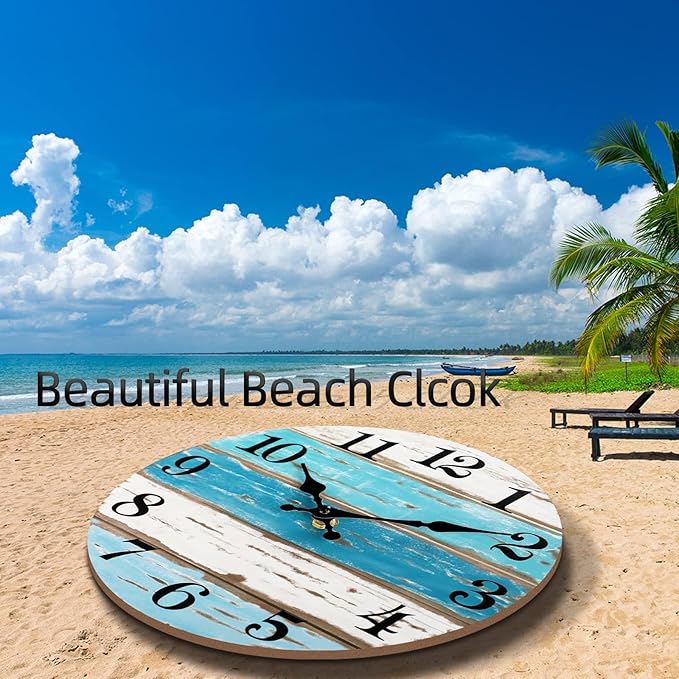 CHYLIN Wall Clock, Beach Themed Blue Wall Clocks Battery Operated Silent Non-Ticking, 8 Inch Vintage Rustic Coastal Nautical Clock Decorative for Kitchen Office Bathroom Bedroom 8