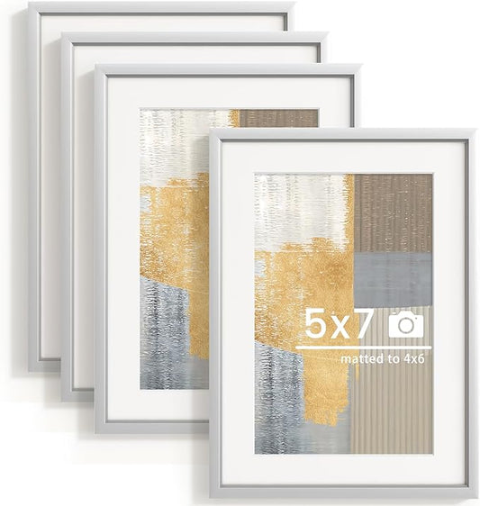 5x7 inch Metal Picture Frame - 5 x 7 Thin Aluminum Photo Frames with 4x6 Removable Mat - High Definition Plexiglass - Ideal for Wall or Tabletop Display - Silver, Set of 4