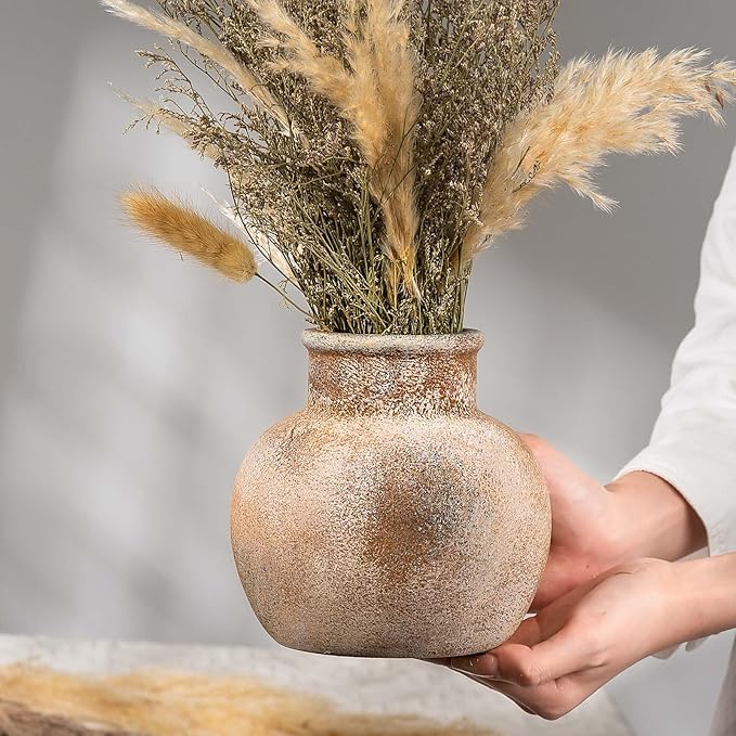 Ceramic Rustic Farmhouse Vase | 6 Inch Pottery Decorative Flower for Home Decor | Boho Vase | Terracotta for Table, Living Room, Bathroom Decoration, Shelf Decor, Mantel, Terra