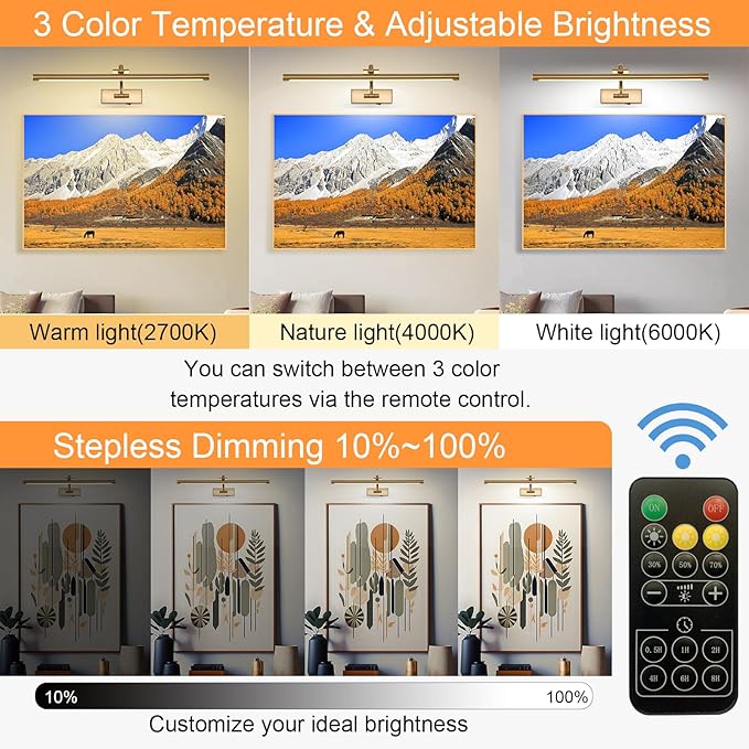 Picture Light Battery Operated with Remote, 3CCT Dimmable Picture Light for Paintings, Brass Rechargeable 24 inch Battery Operated Wall Sconce for Art Lighting Gallery Portrait Artwork