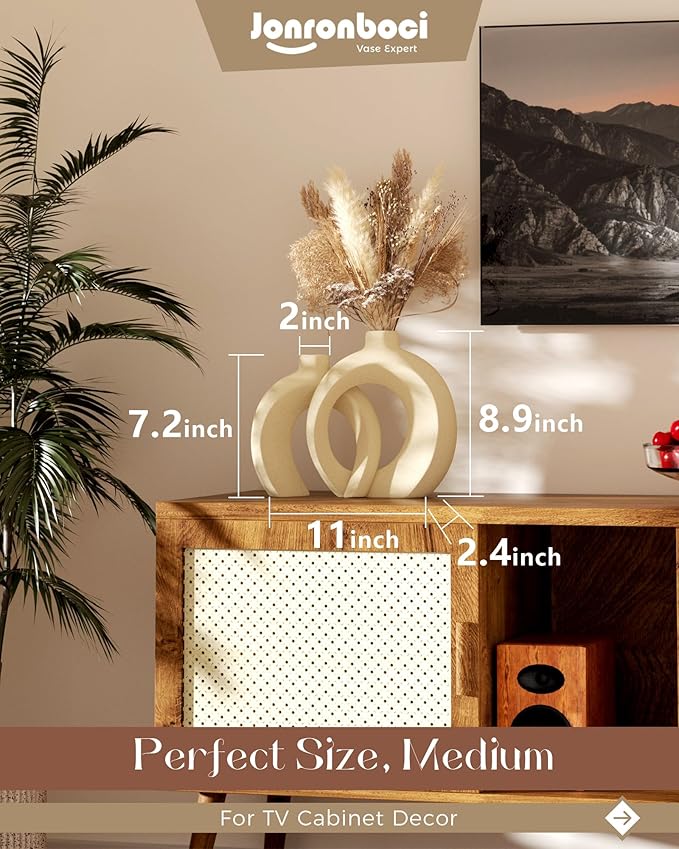 Embrace Donut Vase for Decor, Set of 2 - Modern Design, Boho Style, Beige Natural Ceramic, Decorative Vases for Flower - Home Decor Aesthetic — 7.2" X 8.9" H (Matte Cream White)