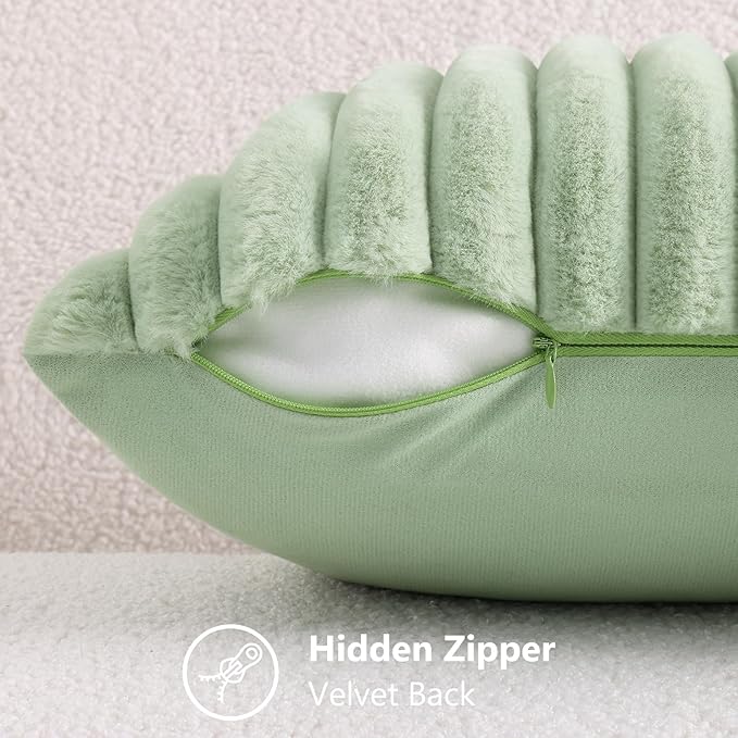 decorUhome Faux Fur Christmas Throw Pillow Covers 26x26 Set of 2, Decorative Soft Plush Striped Neutral Couch Euro Pillow Covers with Velvet Back for Sofa, Bed, Living Room Home Decor, Sage Green