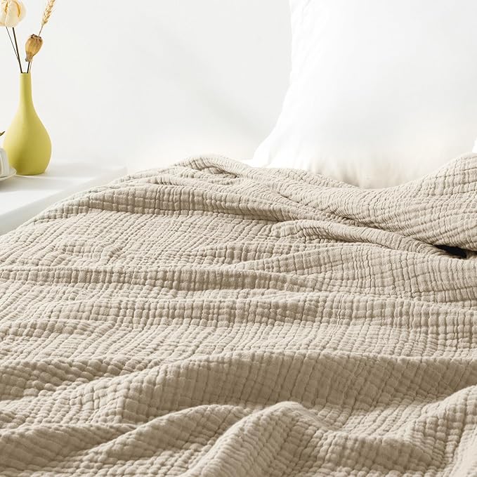 Carriediosa 100% Cotton Muslin Throw Blanket 108" X 90" King Size，4-Layers Summer Gauze Throws for Bed Couch，Soft Lightweight Breathable Linen Blankets Bedspread for Adults All Season，Khaki
