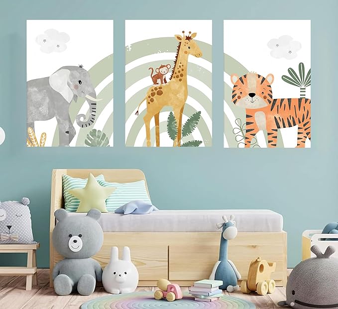 3Pcs Safari Animals Canvas Wall Art elephant tiger giraffe Posters Prints Bohemian Rainbow elements Paintings Pictures wall decor for Nursery Baby Bedroom Decorations Unframed