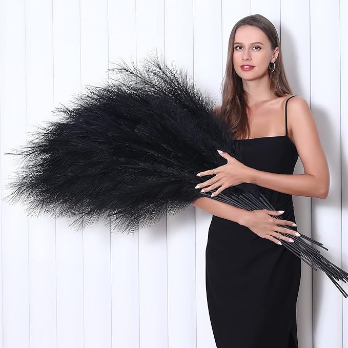 8 Pcs 45 inch Tall Faux Pampas Grass Decor, Large Artificial Black Pompous Grass Bulk, Long Fake Pompas for Floor Vase Filler, Wedding, Baby Shower, Home and Boho Decor (Black)