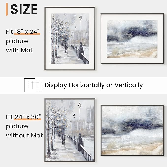 24x30 inch Metal Poster Frame - 24 x 30 Thin Aluminum Picture Frames Matted for 18x24 Photos, Artworks, Prints, Puzzle - High Definition Plexiglass - Vertical and Horizontal Display - Wall Hook Hanging Hardware Included - Black, 2 Pack