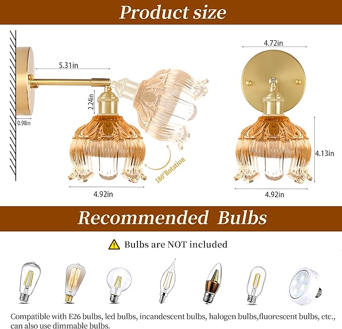 Battery Operated Wall Sconce with Remote Control,Vintage Wall Lamp with Flower lampshade,Rechargeable Battery Powered Wall Lights with 15 Colors for Beside Bedroom Living Room Doorway,Flower Amber