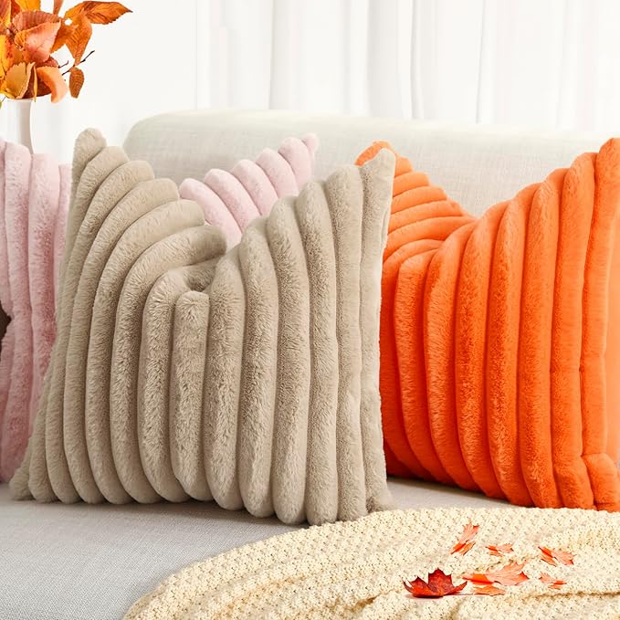 decorUhome Faux Fur Fall Throw Pillow Covers 20x20 Set of 2, Decorative Soft Plush Striped Neutral Couch Euro Pillow Covers with Velvet Back for Sofa, Bed, Living Room Home Decor, Orange