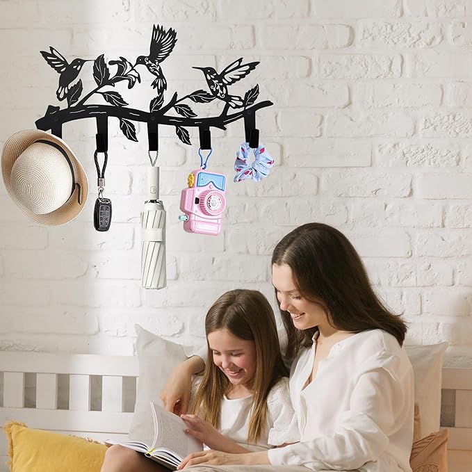Metal Hummingbird Coat Hooks Wall Art Decor-Hummingbird Hangers and Key Holder-Animal Theme Hooks Sweet Home Decor for Storage, Living Room, Hallway, Office (Black)