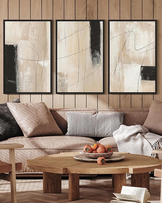 KUVIOKE Abstract Framed Wall Art Minimalist Beige Pastel Watercolor Neutral Wall Decor Modern Black Line Art Painting Home Decor 16x24in (Black Framed)