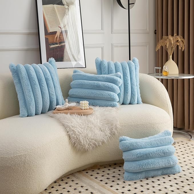 Neelvin Blue Faux Fur Cozy Soft Striped Decorative Throw Pillow Covers 12x20 inch Set of 2,Velvet Pillowcase Cushion Case for Sofa Couch